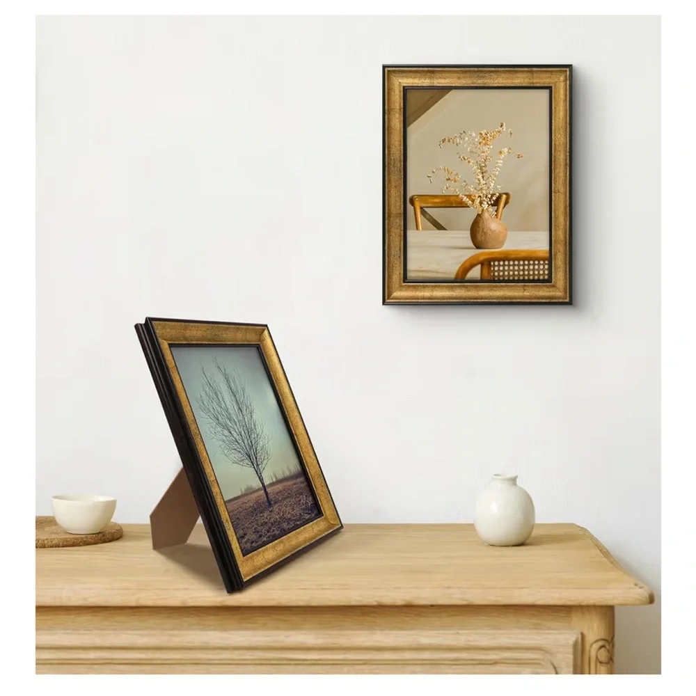 Antique Gold Black Trim Frame Landscape/Portrait Easel Stand/Sawtooth Hanger